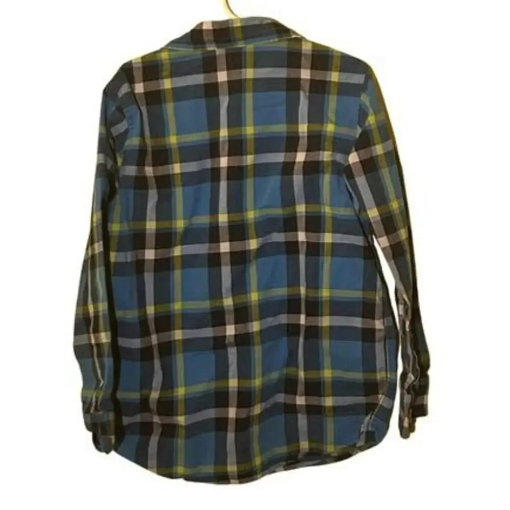 Cat & Jack Boys Blue Green Plaid Button Down S 6/7 FLAW